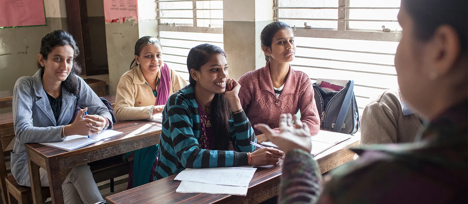 Students learn about information technology in New Delhi, India, as part of job training classes.