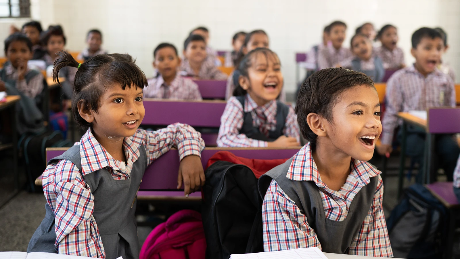 Students smiling in a classroom.